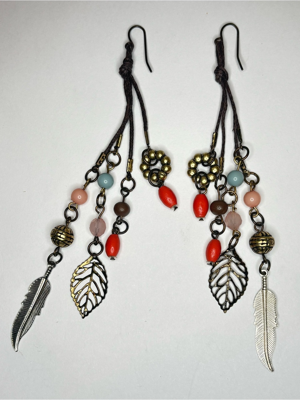 Boho Feather Leaf Charm Dangle Earrings Beaded Cord Festival Hippie 4 Inch
